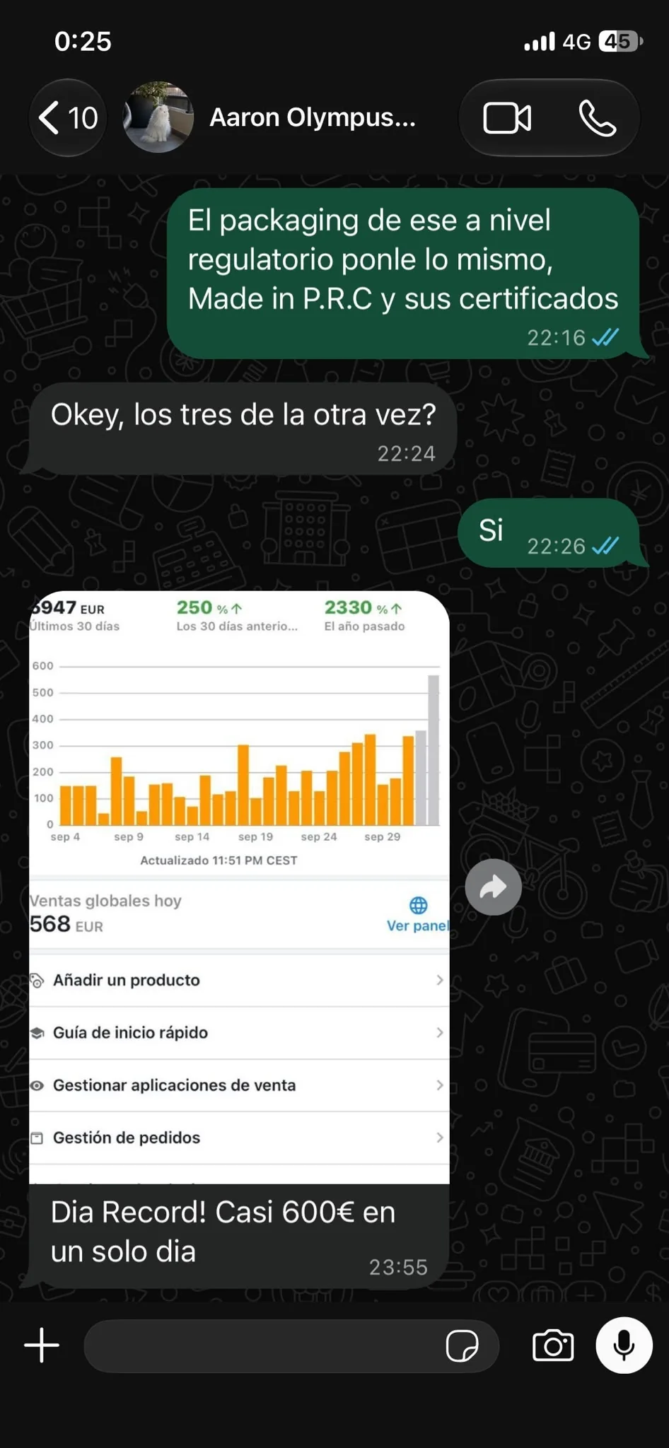 Chat con Aaron: revisión del packaging a nivel regulatorio con Made in P.R.C. y certificados; después comparte su día récord de casi 600 euros