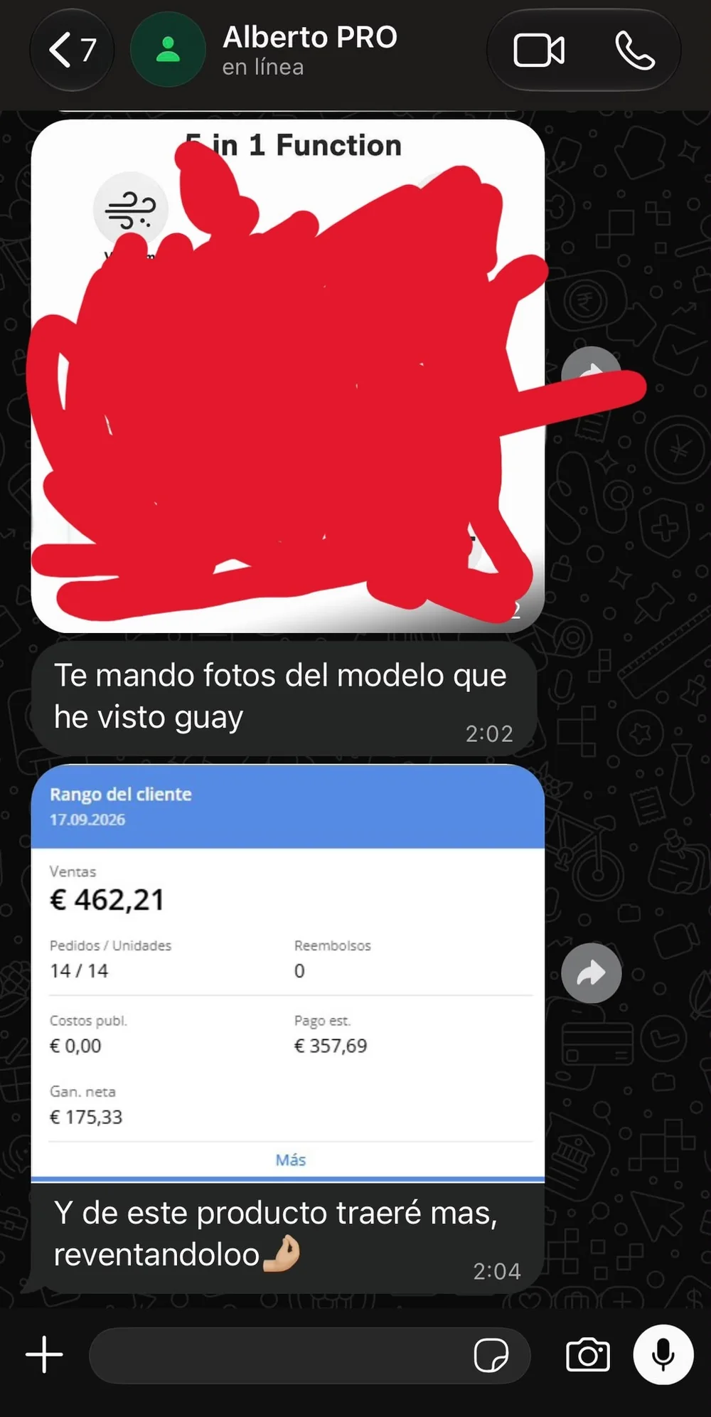 Chat de WhatsApp con Alberto: propone un modelo nuevo a las 2:02 y comparte 14 ventas en un día sin publicidad