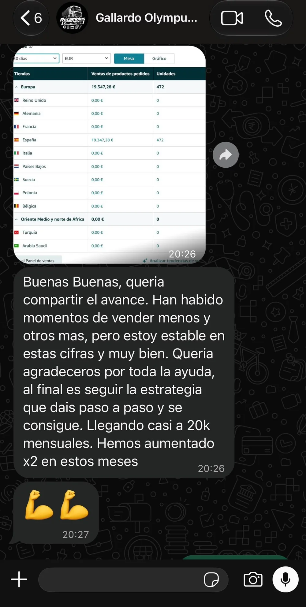 Chat con Gallardo: comparte 19.347,28 € en ventas en 30 días y agradece la ayuda