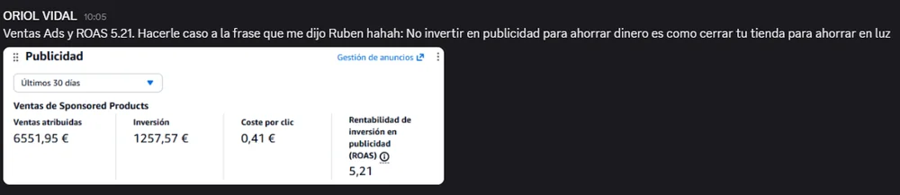 Mensaje de Oriol Vidal con su panel de publicidad: 6.551,95 € en ventas atribuidas, 1.257,57 € invertidos y ROAS de 5,21
