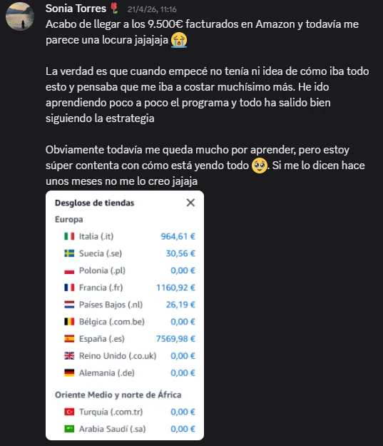 Mensaje de Sonia Torres: acaba de llegar a 9.500 € facturados en Amazon, con el desglose de ventas por país
